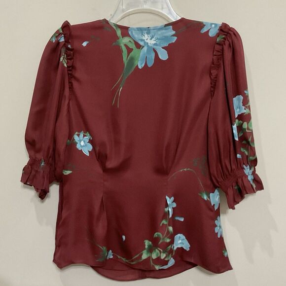 Joie Anevy Floral Silk Blouse Button-front Ruffle Top Cambridge Red Sz M V-Neck - Picture 5 of 5